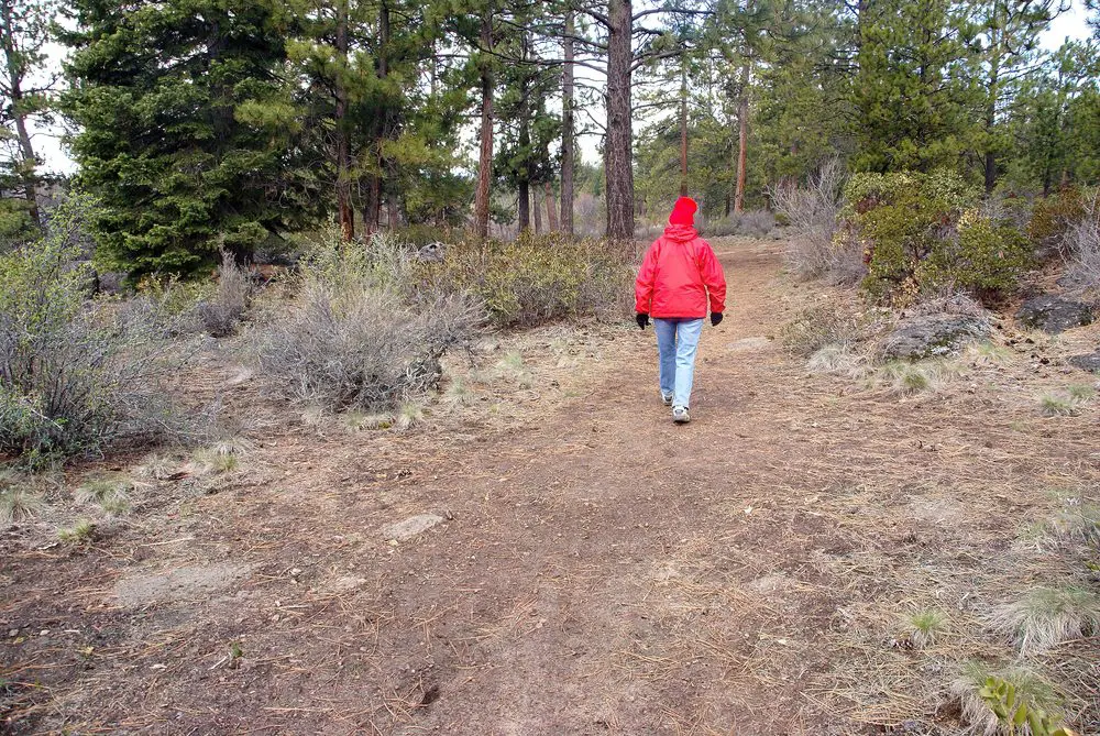 Vrouw,met,rode,parka,wandelend,langs,een,bos,pad,Deschutes,rivier,centraal